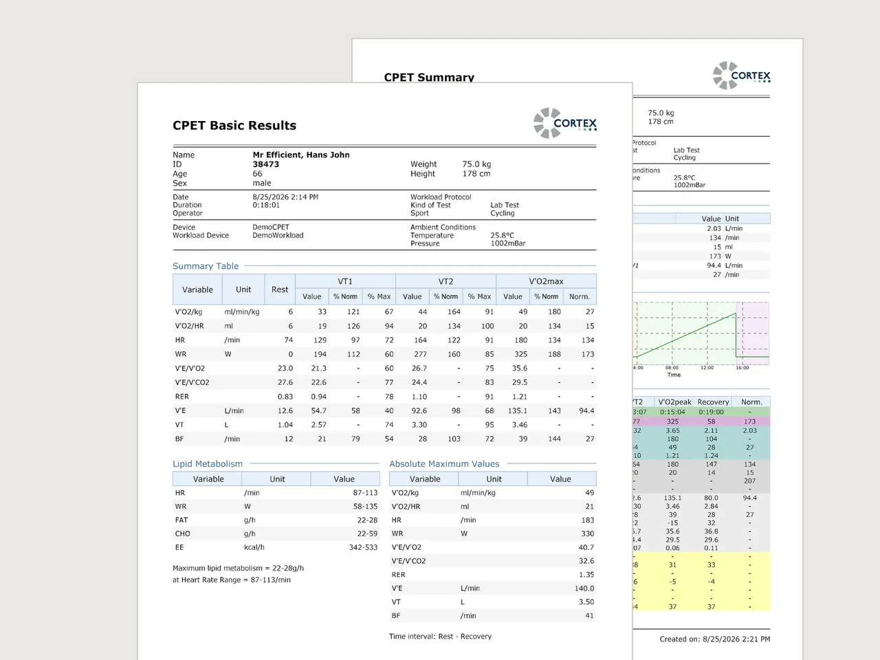 MetaSoft® Studio, Befundbericht „CPET Basic Results" mit Logo und Ergebnistabellen